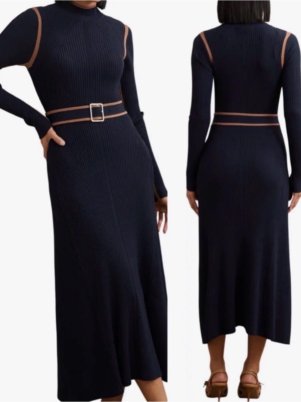 NWT Women’s REISS Ella Color Blocked Knitted Belted Midi Navy/Caramel Dress MED